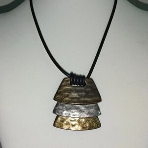 Chico's Hammered Tri-Tier Pendant Necklace in Gold and Silver on Black Cord
